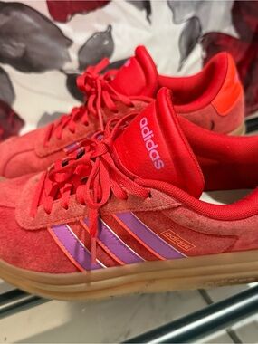 adidas Women’s Red Suede Sneakers with Purple Stripe Accents